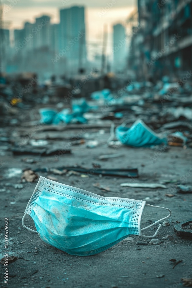 Discarded blue face mask on urban debris. Discarded blue face mask on urban debris.