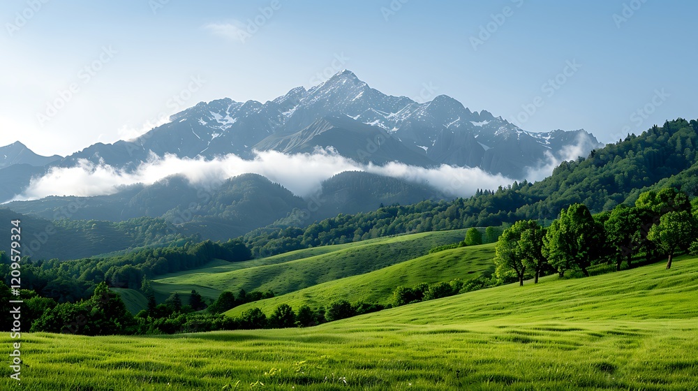 Obraz premium Majestic mountain vista, green valley, morning mist, scenic landscape, travel poster