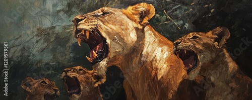 A classic oil painting of a majestic lioness guarding her cubs, her fierce protectiveness evident in her stance and expression. photo