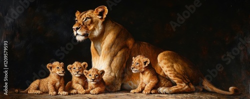 A classic oil painting of a majestic lioness guarding her cubs, her fierce protectiveness evident in her stance and expression. photo