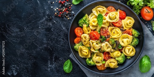 Vibrant tortellini dish with colorful cherry tomatoes and broccoli in a black bowl on a dark textured background garnished with basil leaves