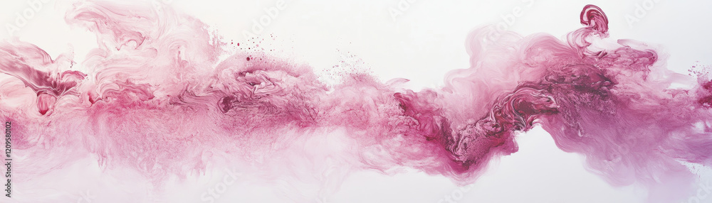 Fototapeta premium Ethereal pink and purple paint clouds blend seamlessly against subtle white background, creating dreamy and calming atmosphere. This abstract artwork evokes feelings of tranquility and creativity