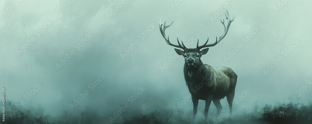 Naklejka premium A classic oil painting of a majestic stag with a powerful rack of antlers, standing proudly in a misty meadow.