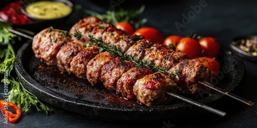 Juicy lyulya kebab skewers garnished with herbs, surrounded by fresh tomatoes on a dark background with rich green and red accents. photo