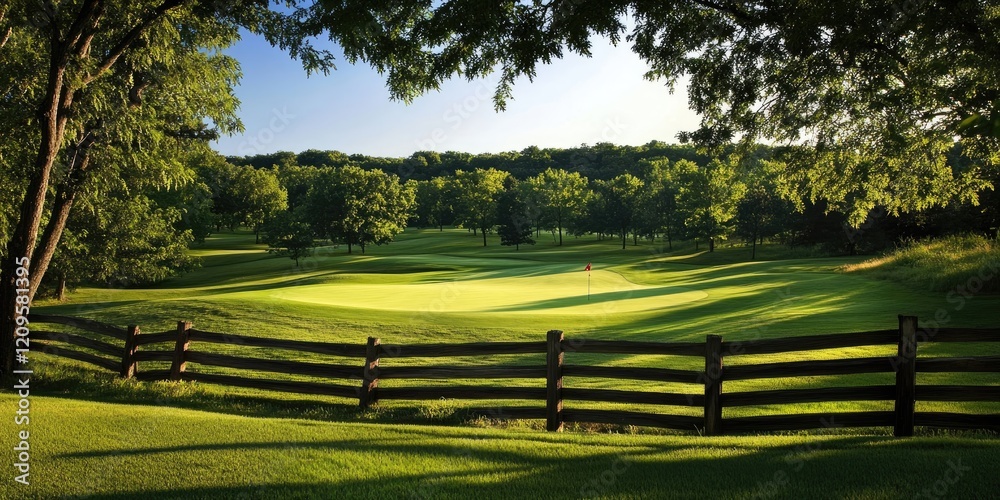 Vibrant green golf course landscape under clear sky with lush trees and rustic wooden fence in foreground showcasing serene countryside atmosphere Vibrant green golf course landscape under clear sky with lush trees and rustic wooden fence in foreground showcasing serene countryside atmosphere
