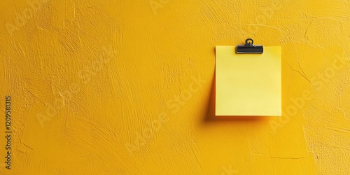 Yellow sticky note on a bright yellow wall with ample copy space for text, positioned on the right side with a clip for added detail.