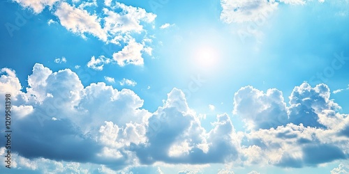 Bright blue sky showcasing fluffy white cumulus clouds lit by sunlight with vibrant airy ambiance and ample copy space for text and graphics. photo