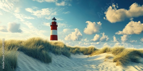 Lighthouse atop sandy dune with golden grasses under a bright blue sky dotted with clouds, showcasing vibrant red and white stripes on the structure. photo