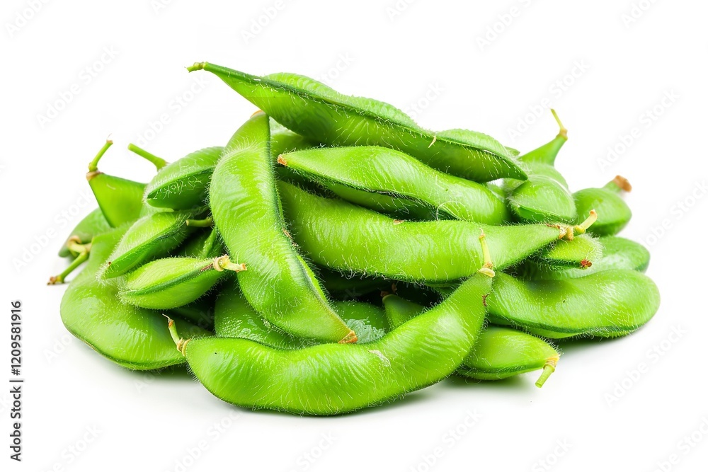 Edamame pile on a white backdrop, isolated, Generative AI. Edamame pile on a white backdrop, isolated, Generative AI.