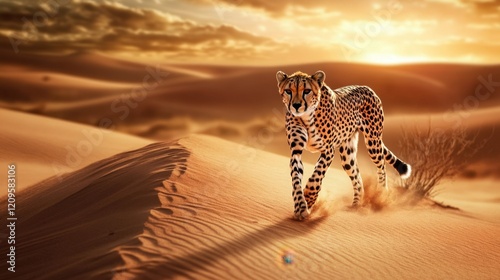 A cheetah walking through a desert landscape, on a sandy brown background