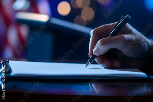 A close up hand signed an official document with a pen.