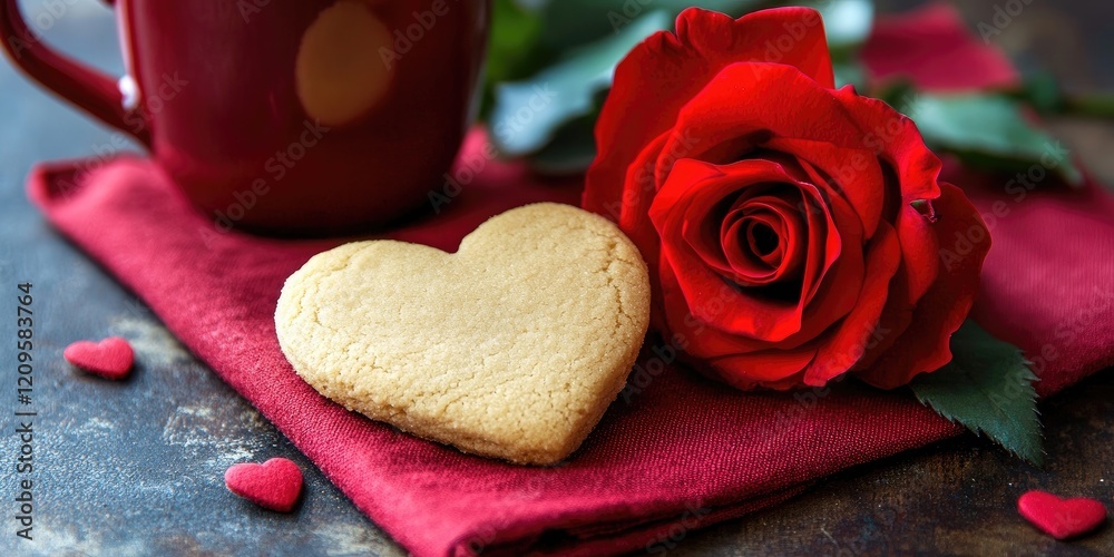 Heart-shaped cookie on a red napkin next to a vibrant red rose and a coffee mug creating a romantic arrangement with warm colors Heart-shaped cookie on a red napkin next to a vibrant red rose and a coffee mug creating a romantic arrangement with warm colors