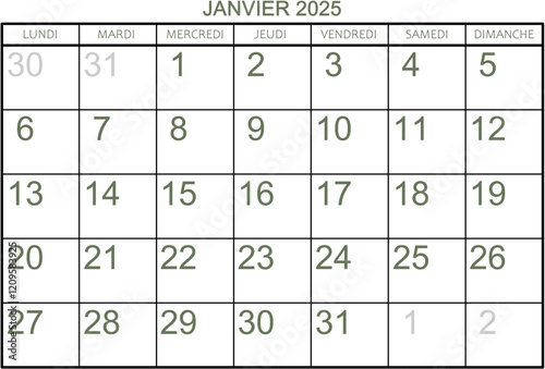 Grille calendrier pour le mois de janvier 2025