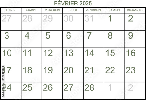 Grille calendrier pour le mois de février 2025