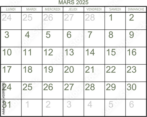 Grille calendrier pour le mois de mars 2025 photo