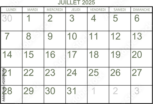 Grille calendrier pour le mois de juillet 2025