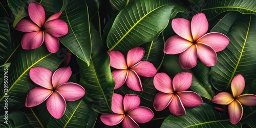 Closeup of vibrant pink plumeria flowers in full bloom on dark green leaves with yellow veins creating a lush tropical backdrop. photo