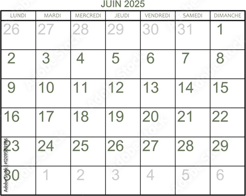 Grille calendrier pour le mois de juin 2025