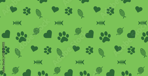 Seamless patterns and backgrounds with paw prints, hearts, bones and fish. Abstract vector illustration for pet shop websites and prints, social media posts, animal product design