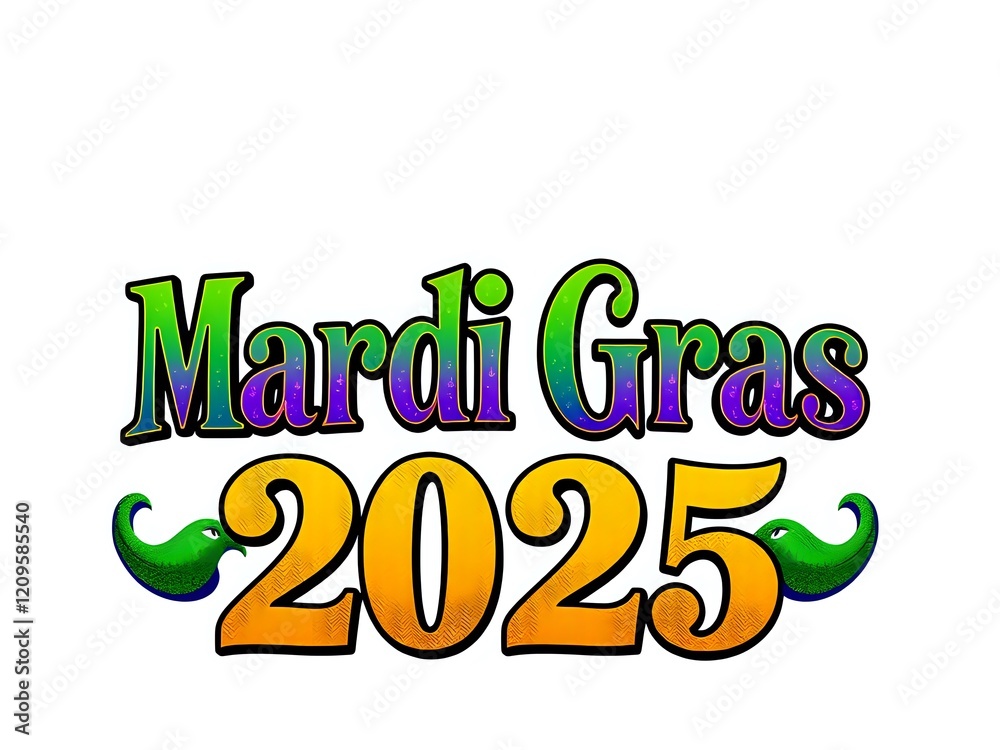 Naklejka premium Mardi Gras 2025 celebration design with festive lettering and whimsical mascots