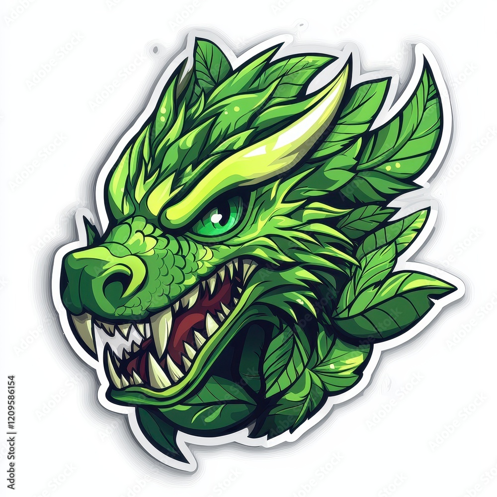 Obraz premium Fierce green dragon illustration, mythical creature with sharp teeth and leafy scales in vibrant detailed design