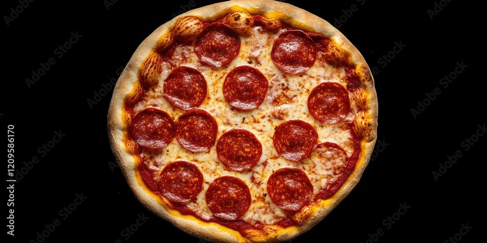 Aerial view of a classic pepperoni pizza with a golden crust and vibrant red pepperoni slices on a smooth black background