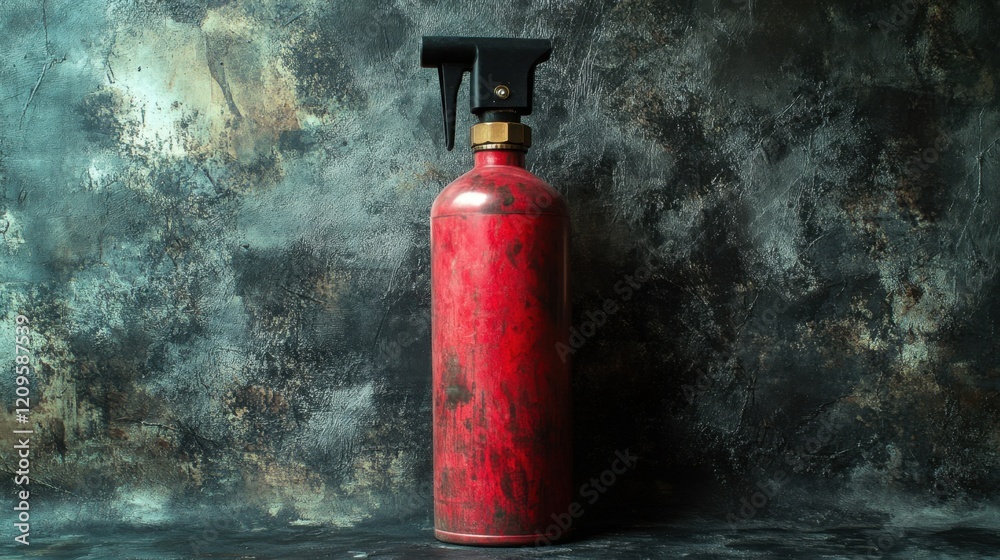 Obraz premium A high-capacity industrial fire extinguisher against a dark metal textured background