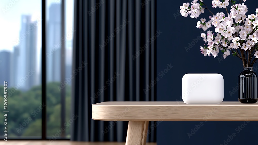 custom made wallpaper toronto digitalModern Smart Home Device on Wooden Table with City View