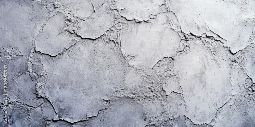 Obraz premium Textured light grey stucco wall with distressed patches and a rustic finish ideal for backgrounds and design projects featuring ample copy space.
