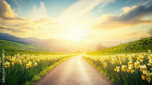 A long and narrow road framed by rows of golden daffodils, stretching towards the horizon under a bright sky