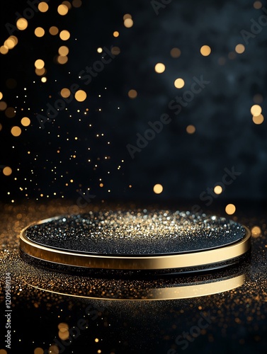 Mirrored podium pedestal reflecting light against black velvet background with gold sparkles