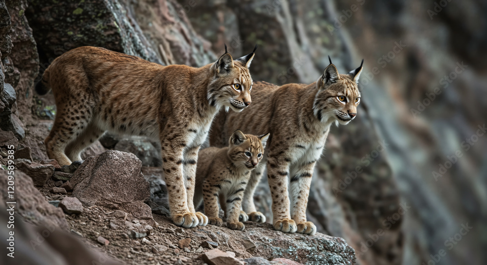 Wildcat lynx family with cub taking refuge high in the rocky mountain cliffs Wildcat lynx family with cub taking refuge high in the rocky mountain cliffs