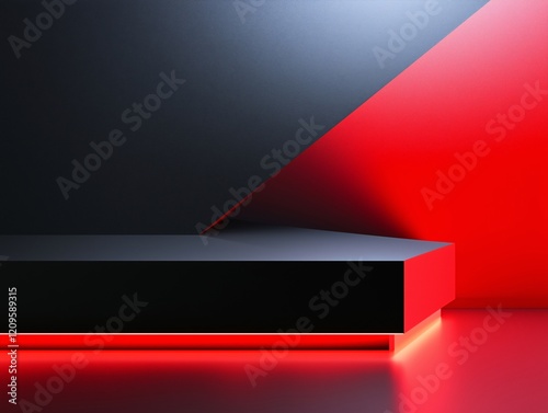 Bold black and red angular podium pedestal with sharp directional light and geometric background