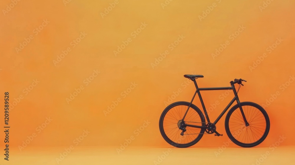 Fototapeta premium A minimalist steel-frame bicycle leaning against a vibrant orange background, highlighting its clean design