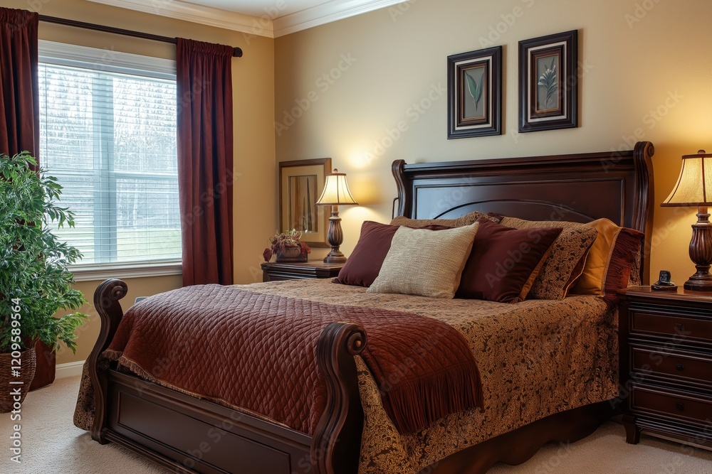 Fototapeta premium Relaxing bedroom with chocolate-brown bedding, medium brown furniture, and creamy textured walls.