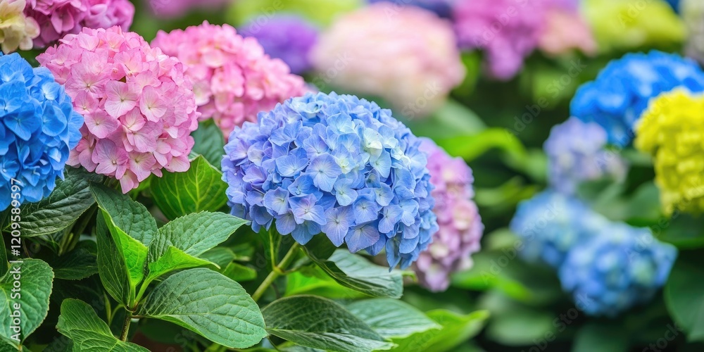 Colorful hydrangea blooms in pink, blue, and yellow surrounded by lush green leaves creating a vibrant summer garden atmosphere. Colorful hydrangea blooms in pink, blue, and yellow surrounded by lush green leaves creating a vibrant summer garden atmosphere.