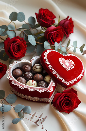 Heart-Shaped Chocolate Box With Red Roses And Satin Background