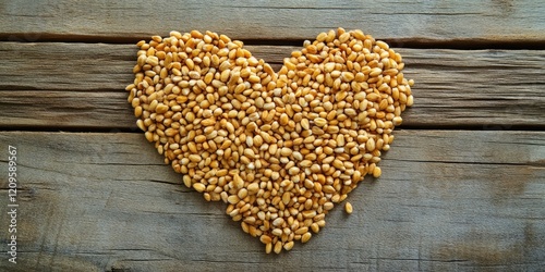 Heart shaped design made of golden cereal grains on a rustic wooden surface with a natural texture and warm earthy tones surrounding it