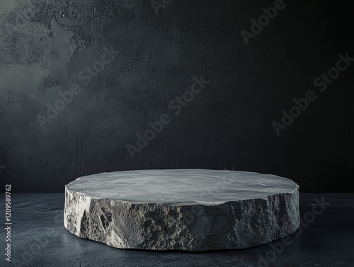 Concrete podium pedestal with rough texture against dark gray background and moody lighting