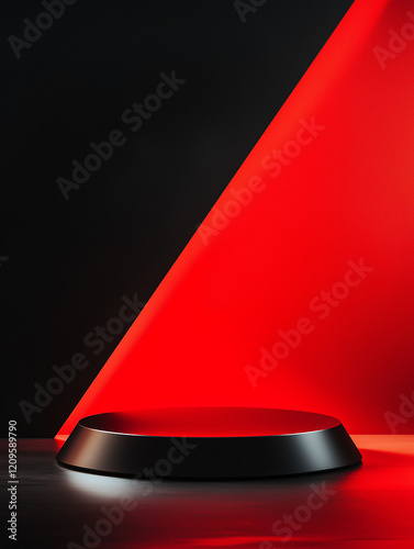 Bold black and red angular podium pedestal with dramatic light and abstract geometric background