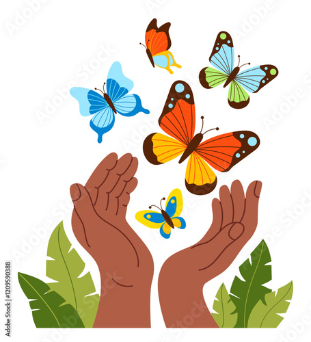 Multicolored rainbow butterflies fly out from dark-skinned palms of hands with leaves. Butterfly symbolizing freedom, transformation and nature. Vector illustration