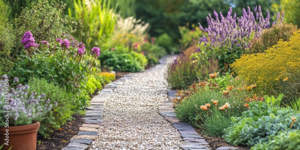Stone pathway surrounded by vibrant purple, pink, and yellow flowers with lush greenery flanking the sides creating a serene garden atmosphere. Stone pathway surrounded by vibrant purple, pink, and yellow flowers with lush greenery flanking the sides creating a serene garden atmosphere.