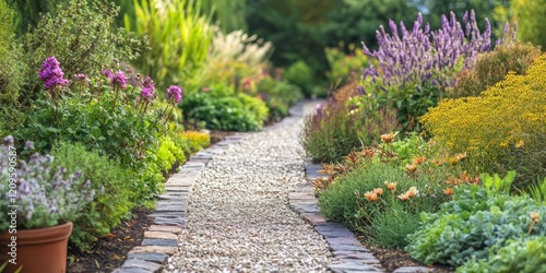 Fototapeta Naklejka Na Ścianę i Meble -  Stone pathway surrounded by vibrant purple, pink, and yellow flowers with lush greenery flanking the sides creating a serene garden atmosphere.