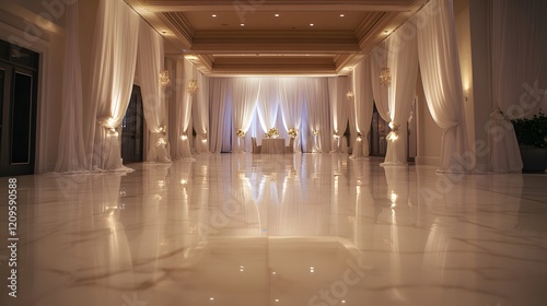 Luxurious wedding venue with soft lighting, polished marble floors, and white drapes. A romantic setting for ceremonies and receptions. photo