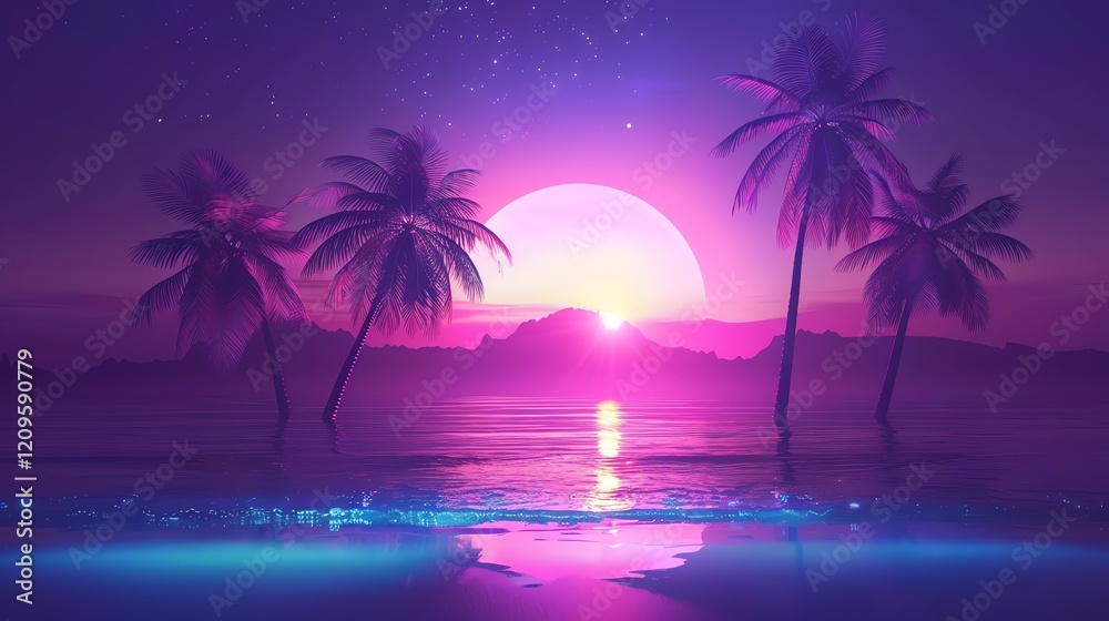 Naklejka premium A retro-futuristic beach scene at night with palm trees, a glowing sunset, and a starry sky.