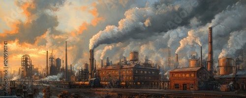 A classic oil painting of a steam engine powering a factory, symbolizing the Industrial Revolution and its impact on society.