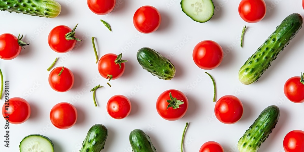 Fresh vibrant cherry tomatoes in red and cucumbers in green scattered on a white backdrop with cucumber slices positioned centrally.
