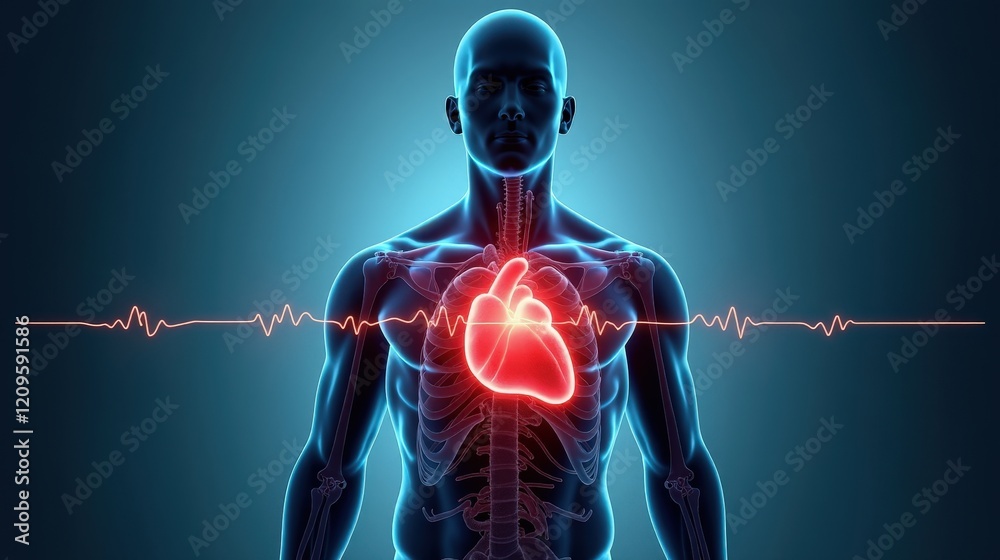 custom made wallpaper toronto digitalA figure frozen in place, heart rate visibly increasing with glowing pulse lines around the chest, showing heightened anxiety and panic in an intense 3D scene.