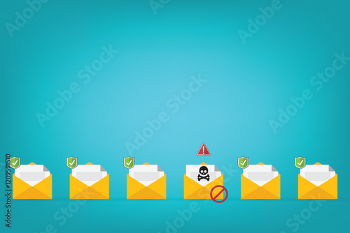 Email / envelope with black document and skull icon. Virus, malware, email fraud, e-mail spam, phishing scam, hacker attack concept. Vector illustration	