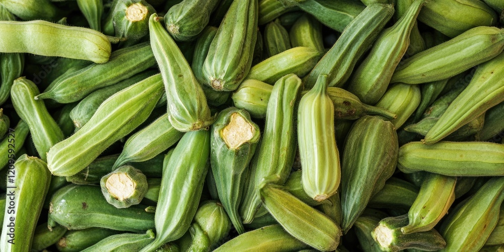 Fresh green okra piled together, showcasing bright green hues and smooth textures, ideal for garnishing and seasonal culinary presentations. Fresh green okra piled together, showcasing bright green hues and smooth textures, ideal for garnishing and seasonal culinary presentations.
